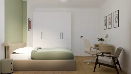 Wnętrze sypialni z białymi meblami, zieloną ścianą, styl dopamine decor, eklektyczny, nowoczesny, skandynawski, vintage.