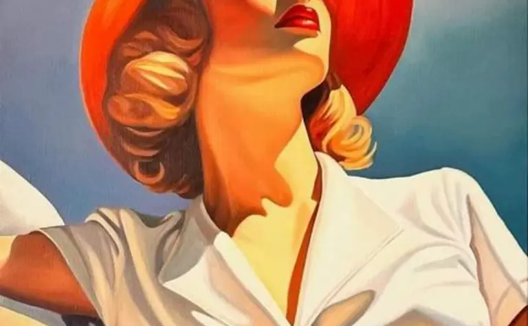 Portret kobiety w białej sukience i pomarańczowym kapeluszu, styl art deco, glamour, vintage.