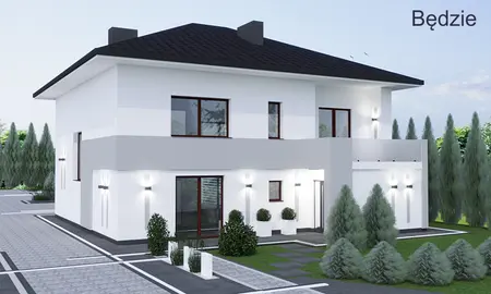 Nowoczesna elewacja domu z białymi ścianami i zielonym otoczeniem