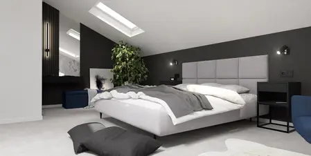 Wnętrze sypialni w stylu glamour, minimalistycznym z zieloną rośliną