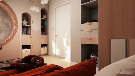 Pokój dziecięcy z kolorowymi meblami i przytulnymi akcentami w stylu nowoczesnym.