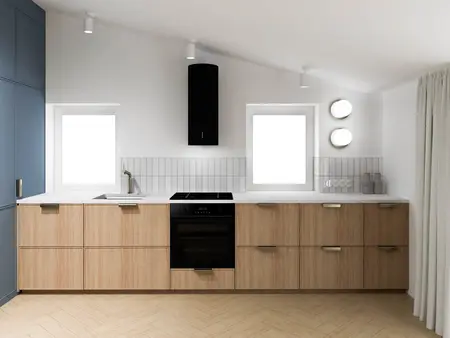 Nowoczesna kuchnia minimalistyczna z drewnianymi meblami i białymi detalami.