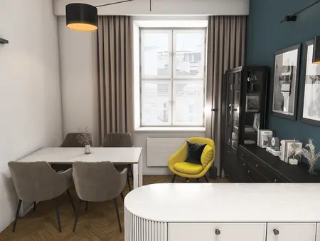 Wnętrze jadalni z szarymi krzesłami, białym stołem, elementami glamour, industrialnymi i vintage.