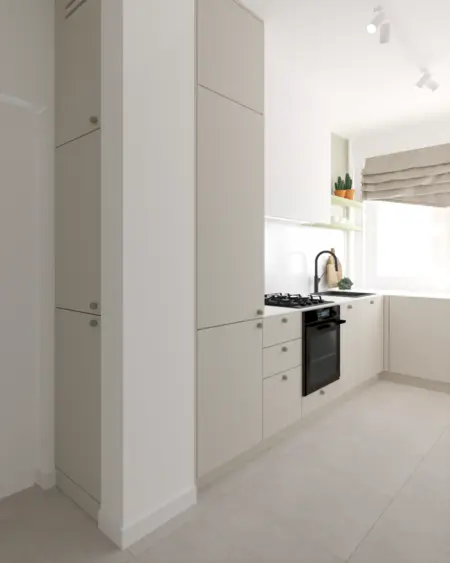 Kuchnia w stylu dopamine decor, eklektycznym i skandynawskim z nowoczesnymi meblami.