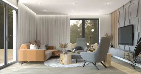 Wnętrze salonu w stylu rustykalnym z szarymi meblami i drewnianymi akcentami.
