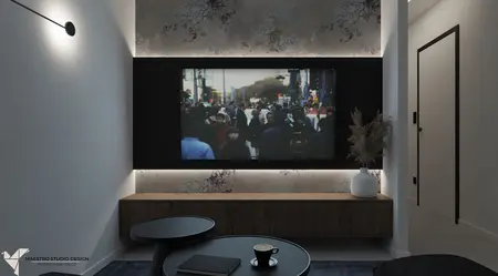 Wnętrze z telewizorem, drewnianą szafką i minimalistycznym oświetleniem.