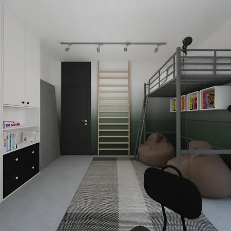 Wnętrze pokoju dla dzieci z piętrowym łóżkiem, biurkiem i regałem w stylu industrialnym.
