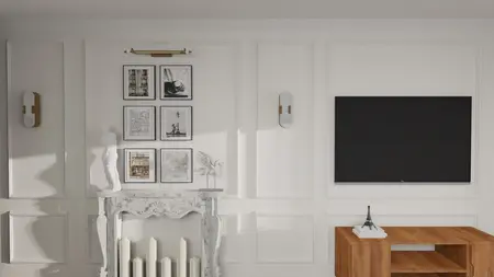 Wnętrze z elementami art deco, glamour i minimaluxe, białe ściany, drewniane biurko, dekoracje.