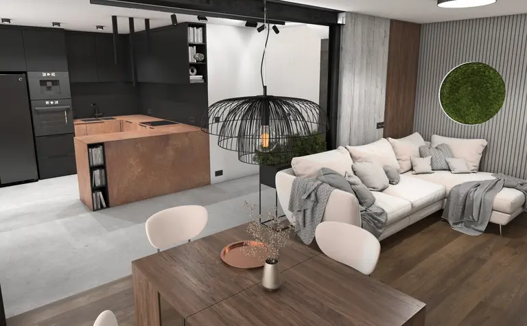 Wnętrze kuchni z minimalistycznym designem, nowoczesne meble, drewniany stół i stylowe oświetlenie.
