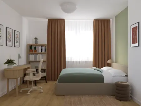 Wnętrze sypialni w stylu eklektycznym z zielonymi akcentami i drewnianymi elementami.
