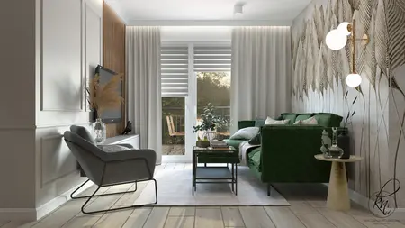 Wnętrze nowoczesnego salonu z zieloną sofą, drewnianymi detalami i dużymi oknami.