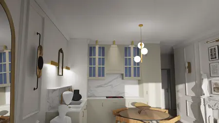 Nowoczesna kuchnia w stylu art deco z marmurowym blatem i niebieskimi akcentami.