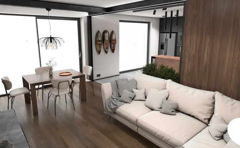 Wnętrze salonu z minimalistycznym designem, nowoczesną sofą i drewnianym stołem.