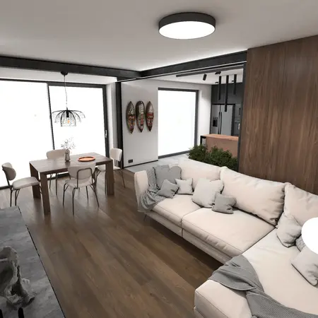 Wnętrze salonu z minimalistycznym designem, nowoczesną sofą i drewnianym stołem.