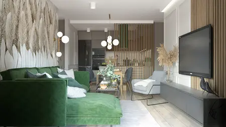 Nowoczesny salon z zieloną sofą, drewnianym stołem i dekoracyjną ścianą.