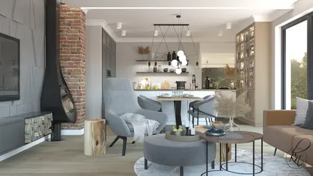 Rustykalne wnętrze salonu z szarymi fotelami i drewnianymi akcentami.