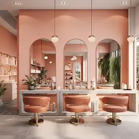 Wnętrze salonu w stylu eklektycznym z różowymi fotelami i dużymi lustrami.