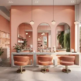 Wnętrze salonu w stylu eklektycznym z różowymi fotelami i dużymi lustrami.