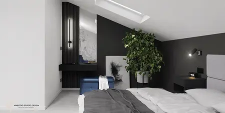 Sypialnia w stylu industrialnym z minimalistycznymi elementami, nowoczesne dodatki