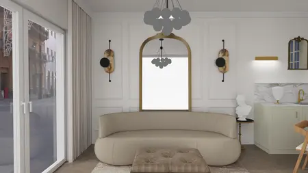 Wnętrze salonu w stylu art deco i glamour z beżową sofą oraz marmurowym blatem.