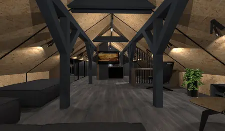 Poddasze w stylu industrialnym z ciemnymi meblami i drewnianymi detalami