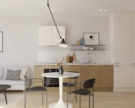 Jasna kuchnia w stylu japandi z minimalistycznym wystrojem.