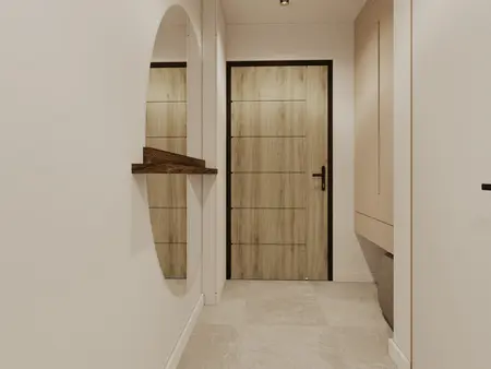 Minimalistyczny przedpokój z drewnianymi elementami i nowoczesnymi lustrami.