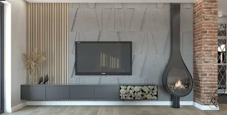 Rustykalne wnętrze z telewizorem, kominkiem i drewnianymi akcentami.