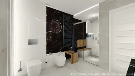 Nowoczesna łazienka z białymi płytkami, czarnymi akcentami i drewnianymi detalami.