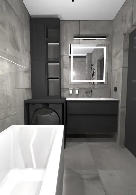 Wnętrze łazienki z minimalistycznym designem, dopamine decor, industrialnym i japandi.
