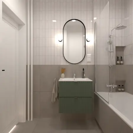 Wnętrze łazienki w stylu dopamine decor, skandynawskim i vintage z zieloną szafką.