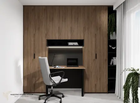 Wnętrze gabinetu z biurkiem, drewnianymi meblami i roślinnością, styl industrialny i minimalistyczny.