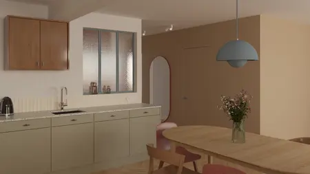 Wnętrze kuchni z drewnianymi akcentami, eklektyczne, dopamine decor, współczesny styl.