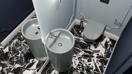Nowoczesna łazienka z szarym umywalką i czarnym marmurowym podłogą, dopamine decor, eklektyczny.