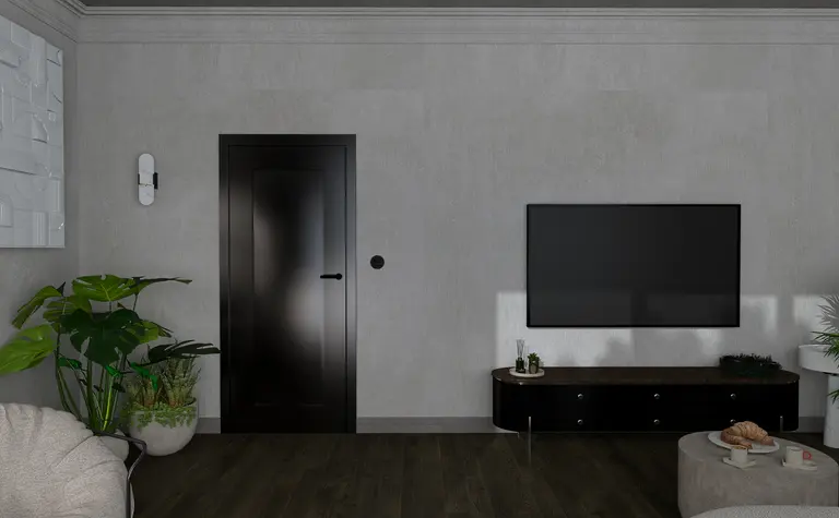 Wnętrze salonu w stylu minimalistycznym z roślinami, telewizorem i czarnymi akcentami.
