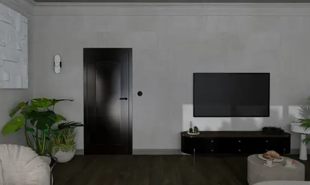 Wnętrze salonu w stylu minimalistycznym z roślinami, telewizorem i czarnymi akcentami.