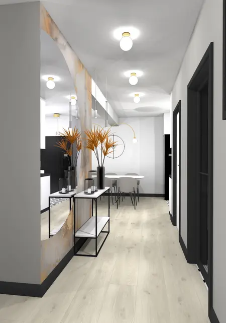 Przedpokój w stylu art deco z elementami japandi i glamour, z roślinami i nowoczesnymi lampami.