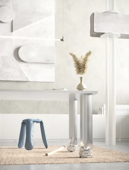 Wnętrze biura w stylu industrialnym i minimalistycznym z nowoczesnym biurkiem i dekoracjami.