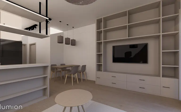 Nowoczesny salon z minimalistycznym wystrojem, jasnymi meblami i drewnianymi detalami.