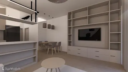 Nowoczesny salon z minimalistycznym wystrojem, jasnymi meblami i drewnianymi detalami.