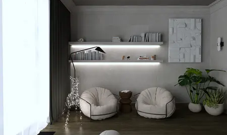 Wnętrze salonu w stylu industrialnym z minimalistycznymi meblami.