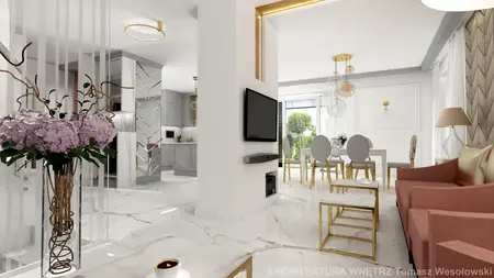 Nowoczesne wnętrze z elementami glamour, szare meble, różowe akcenty, stół i krzesła.