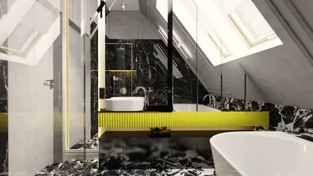 Wnętrze łazienki z czarnymi elementami, żółtym akcentem i nowoczesnymi detalami.