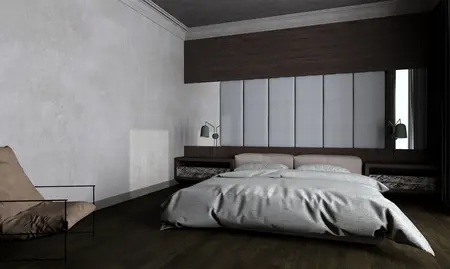Sypialnia w stylu industrialnym, minimalistycznym z drewnianymi akcentami.