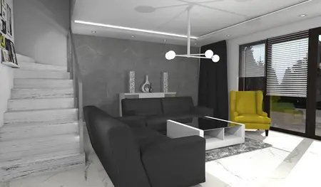 Wnętrze salonu w stylu industrialnym i minimalistycznym z czarnymi meblami i szarymi ścianami.