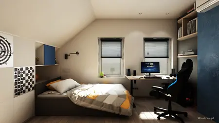 Poddasze z biurkiem, łóżkiem i elementami nowoczesnego designu.