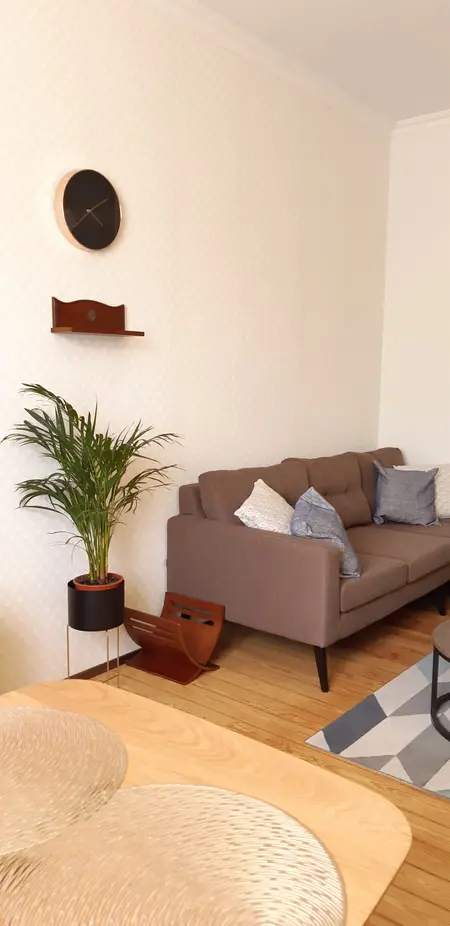 Wnętrze salonu w stylu tradycyjnym z brązową sofą, rośliną doniczkową i drewnianymi akcentami.