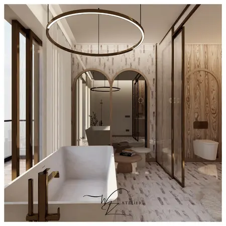 Nowoczesna łazienka glamour z wanną i drewnem, styl quiet luxury