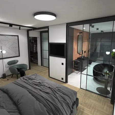 Wnętrze sypialni z minimalistycznym designem, szarym łóżkiem i czarnymi detalami.