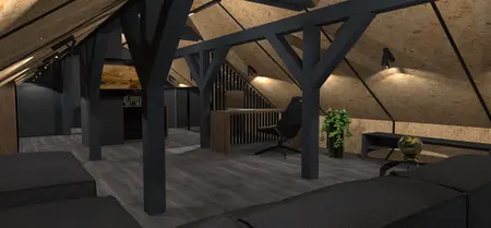 Wnętrze poddasza z industrialnym i minimalistycznym designem, biurkiem i rośliną.